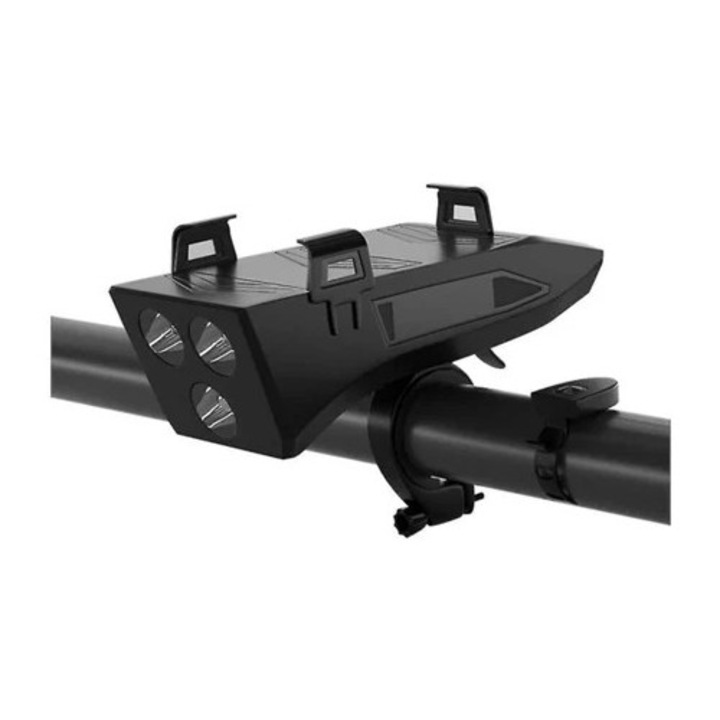 Фар за велосипед с клаксон и държач за телефон, IPX8, черен, комплект