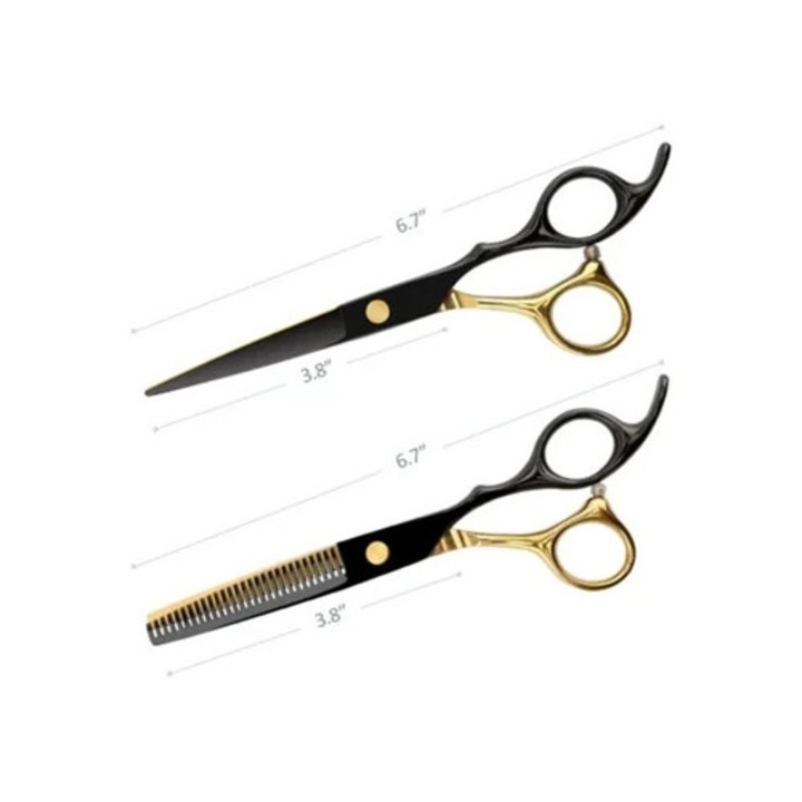 Foarfece de tuns profesionale, inox, negru si auriu, multifunctional, set