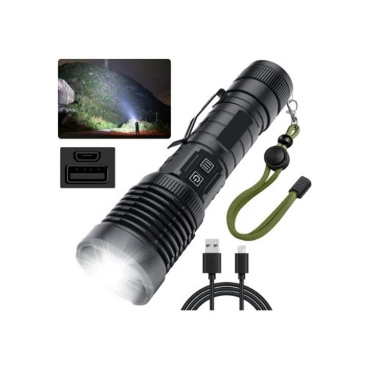 Lanterna tactica portabila, 1500 lumeni, LED puternic, zoom, neagra