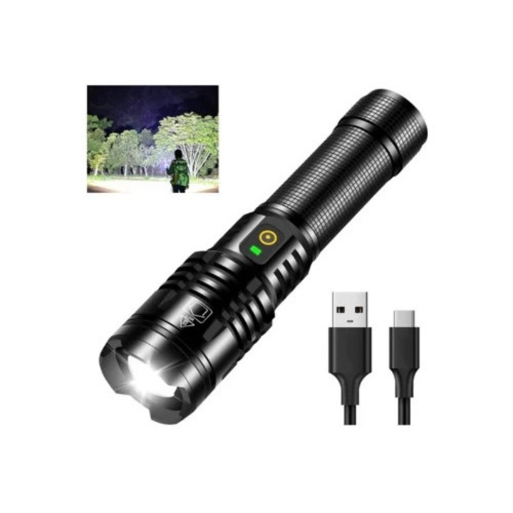 Lanterna tactica LED, 10,000 Lumeni, 5 moduri, neagra, cu baterie reincarcabila 26650