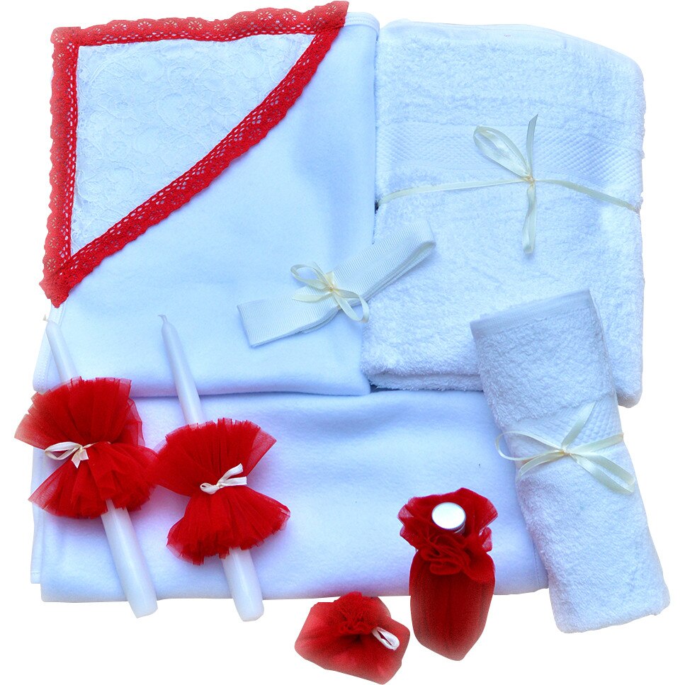Trusou botez biserica complet cu dantela rosie, Couture Bebe