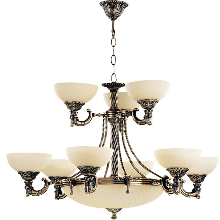 Candelabru BUSSY LIGHTING 3035 pentru proiect 9 brate ,E27 9x60w+E14 3x40w,alama,metal, finisaj bronz-antiq / sticla ananas