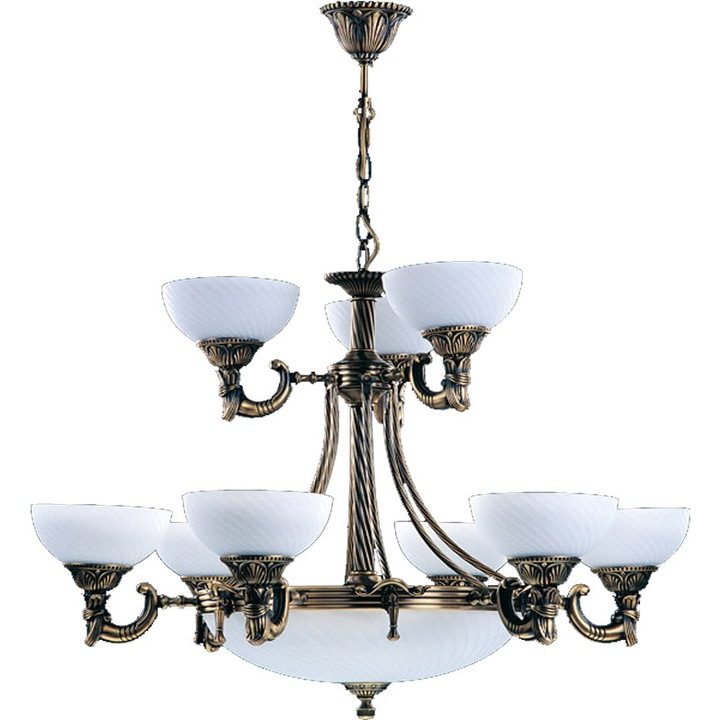 Candelabru BUSSY LIGHTING 3035 pentru proiect 9 brate ,E27 9x60w+E14 3x40w,alama,metal, finisaj bronz-antiq / sticla alb