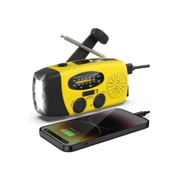 Radio portabil Yizhood cu manivela, solar, LED, 2000mAh, galben