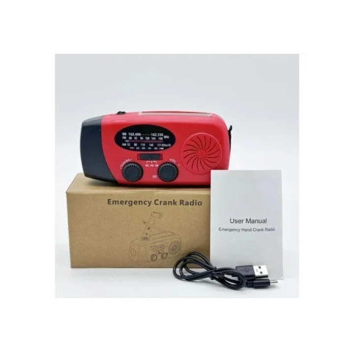 Radio solar portabil, AM/FM NOAA, flashlight autoalimentat cu alarma SOS, 2000mAh, rosu