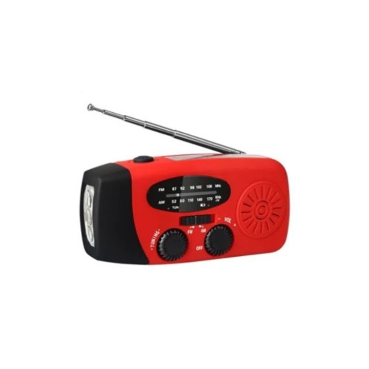 Radio portabil cu manivela, 2000mAh, LED, rosu