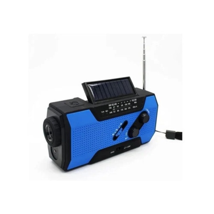 Radio portabil Yizhood, cu manivela, AM/FM, incarcator portabil 2000mAh, albastru