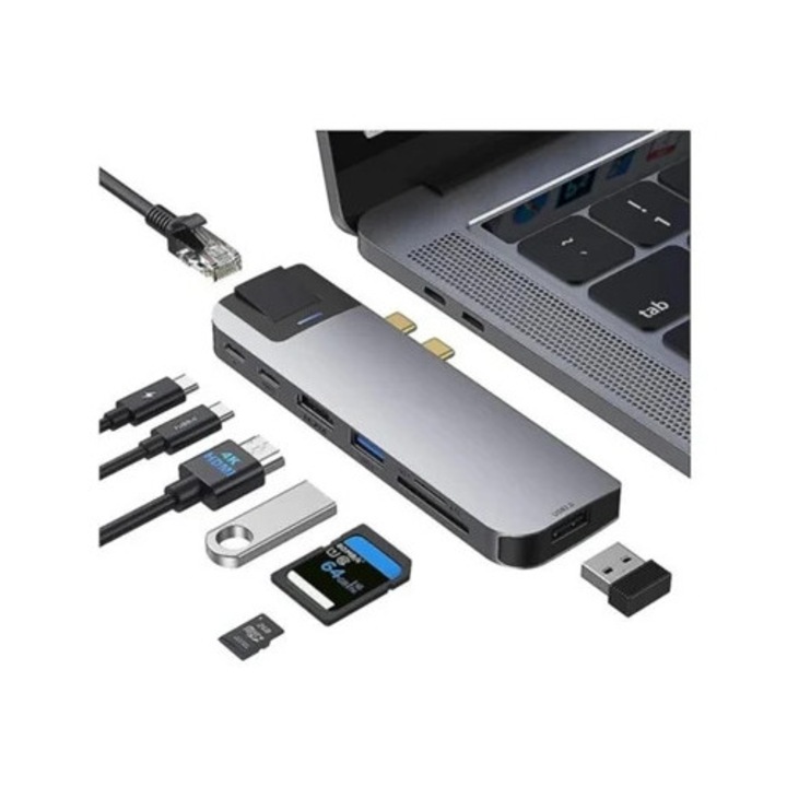Hub USB C pentru Mac, Ethernet RJ45, HDMI 4K, Thunderbolt 3, 100W, port USB 3.0, cititor carduri SD TF