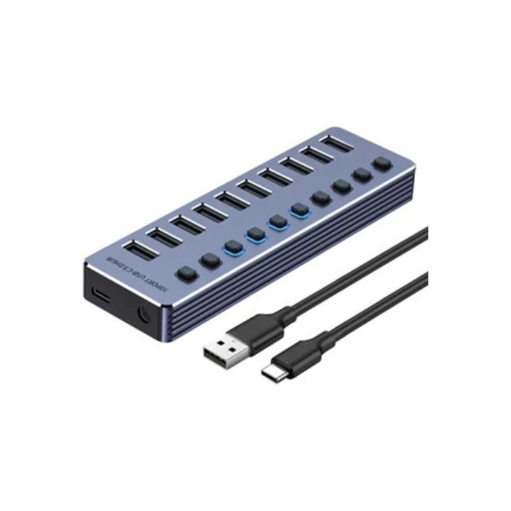 USB elosztó, 10 portos, 3.0, hordozható, 5Gbps, szürke