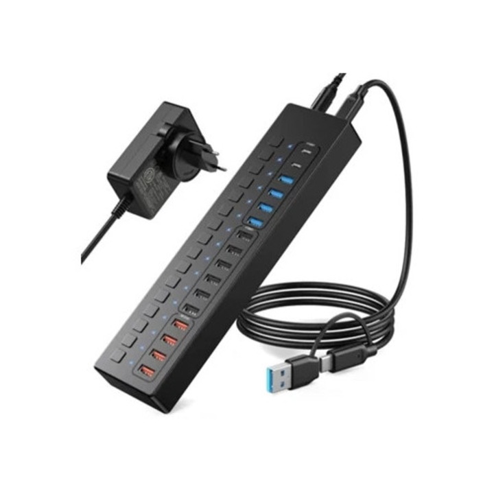 Statie de andocare, 16-Port USB C, splitter, negru