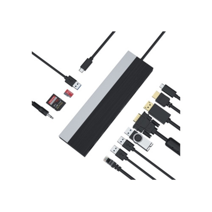 USB C hub 3 videokimenettel, 100W PD, fekete