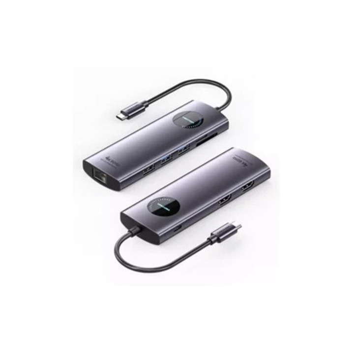 Hub USB C 9-in-1, HDMI, Displayport, cititor SD, gri