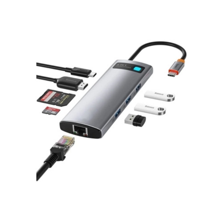 Statie de andocare USB C 8 in 1, adaptor multiport, 4K HDMI, Ethernet, 100W PD, 3 USB 3.0, gri