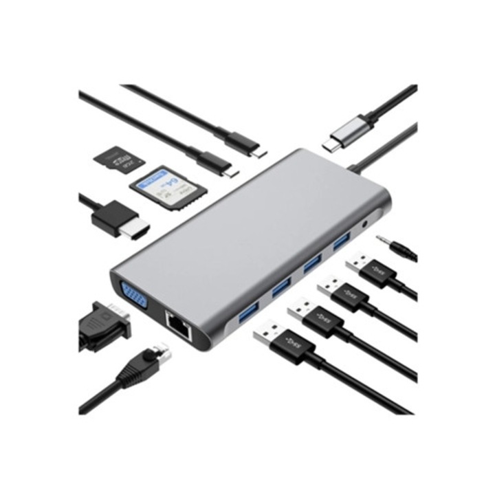 Hub USB C 12 in 1, docking station, gri