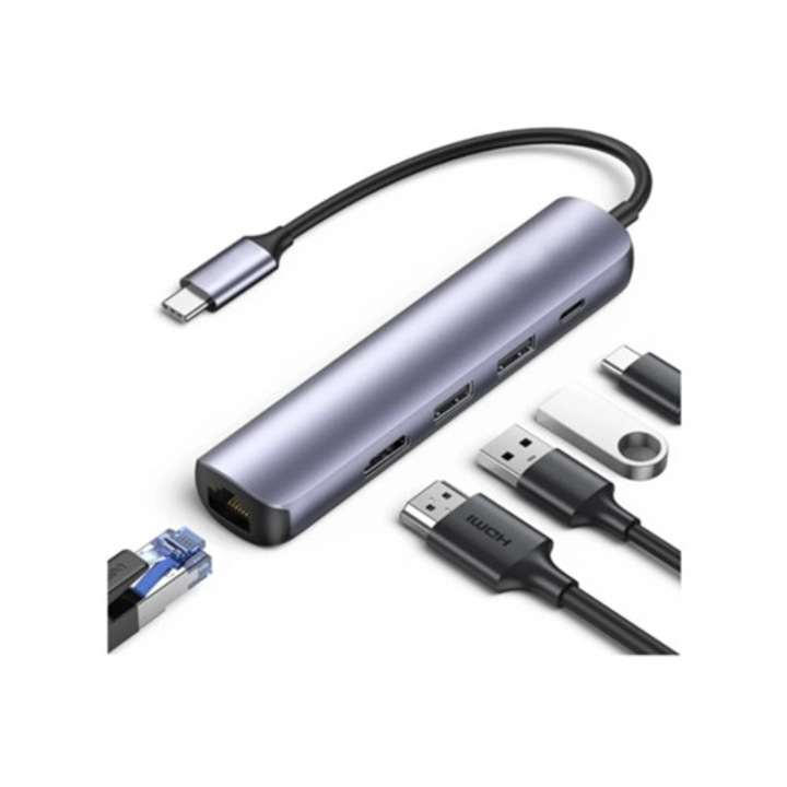 USB C Multiport Hub HDMI 4K 60Hz, 100W Power Delivery, Ethernet RJ45, szürke