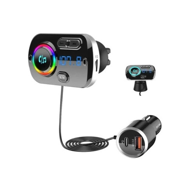 Yizhood BC49BQ Bluetooth FM transzmitter, 20W, Type-C, fekete