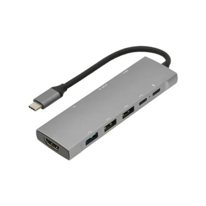 Hub USB C 9-in-1, adaptor de incarcare rapida, gri, pentru laptop
