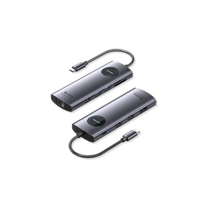 Hub USB C 10-in-1, HDMI, Displayport, cititor SD, gri