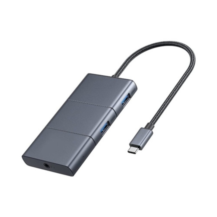 Хъб USB C 6 в 1 с HDMI 4K 60Hz, 100W Power Delivery, 10 Gbps, 2 порта USB A, сив