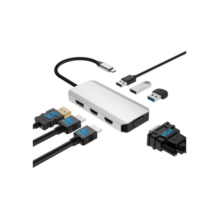 Statie de andocare USB C 7 in 1 pentru 4 monitoare, dual 4K HDMI, 4K DP VGA, gri