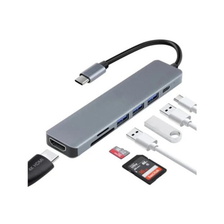 Hub USB C 7 az 1-ben, fekete