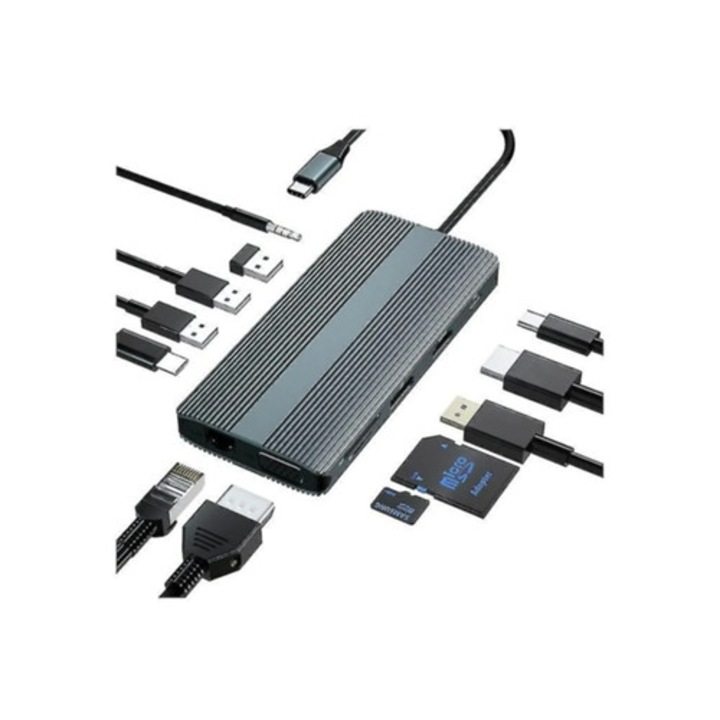 Statie de andocare 12-in-1 USB C, suport triplu monitor, 4K DP, HDMI, VGA, 100W PD, 2 USB 3.0, USB C 3.0, USB 2.0, 1000M Ethernet