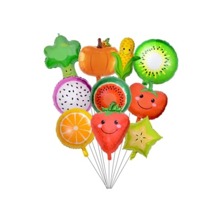 10 db fém fóliás gyümölcs és zöldség lufi készlet, gyermek lufik, nagy méret