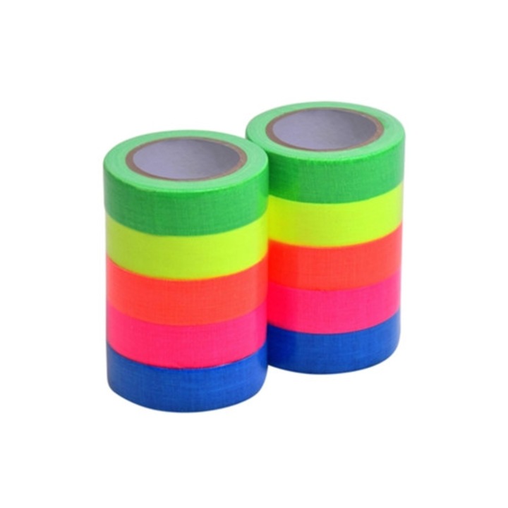 Banda adeziva fluorescenta reactiva UV, set 10 role, 5 culori