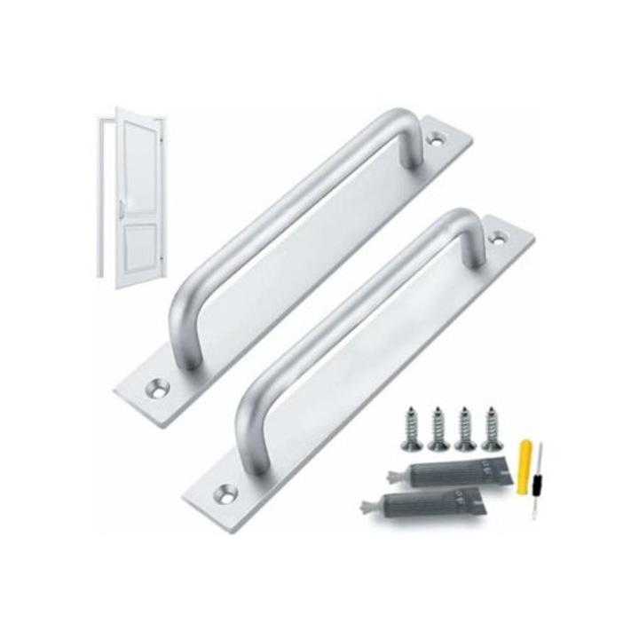 Maner usa glisanta, aluminiu, argintiu, set cu suruburi si adeziv