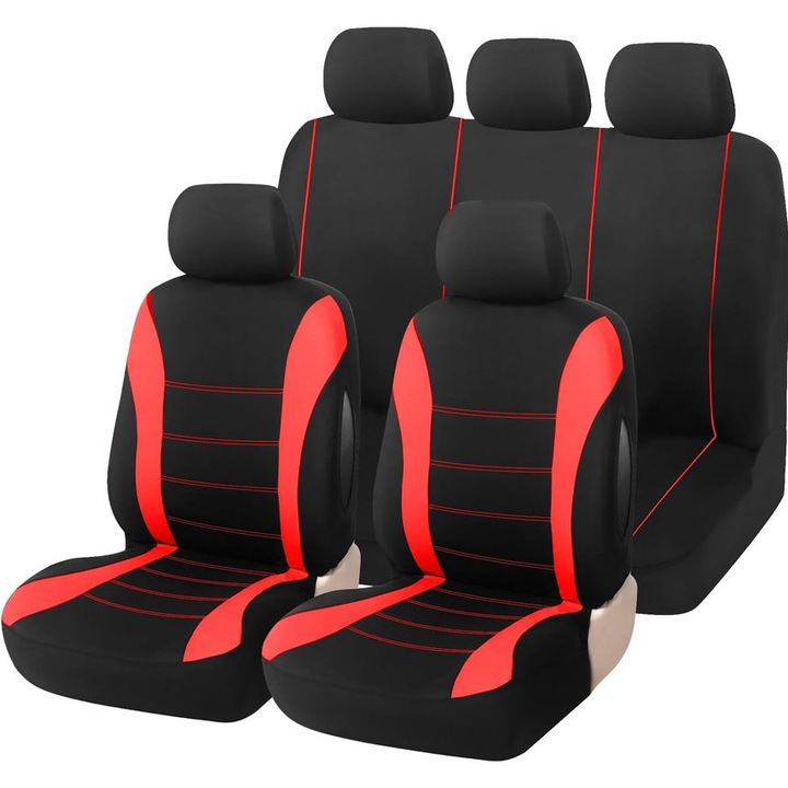 Set huse auto universale negru cu rosu BUANIERT®, 9 piese, poliester, pentru scaune fata-spate
