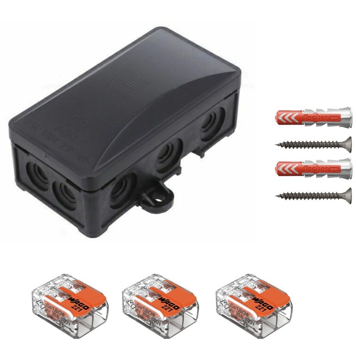 Doza derivatie, Cutie conexiuni, 72x95x40mm, IP54, PW-A.0063C PAWBOL dotata cu cleme Wago 221-412 3 buc si dibluri Fischer DuoPower 6 x 30 2 buc