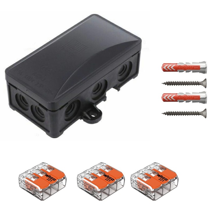 Doza derivatie, Cutie conexiuni, 72x95x40mm, IP54, PW-A.0063C PAWBOL dotata cu cleme Wago 221-413 3 buc si dibluri Fischer DuoPower 6 x 30 2 buc