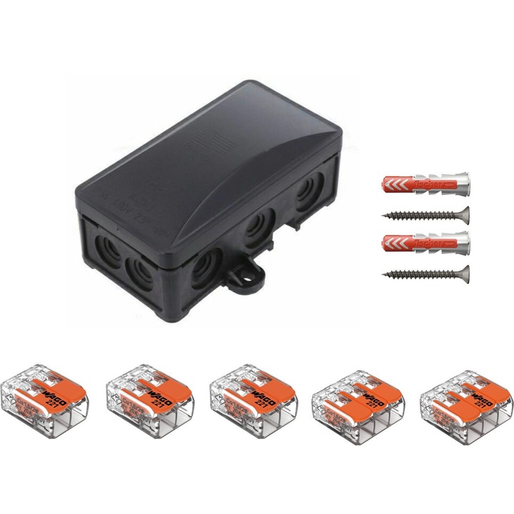 Doza derivatie, Cutie conexiuni, 72x95x40mm, IP54, PW-A.0063C PAWBOL dotata cu cleme Wago 221-412 3 buc 221-413 2 buc si dibluri Fischer DuoPower 6 x 30 2 buc
