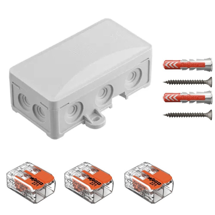 Doza derivatie, Cutie conexiuni, 72x95x40mm, IP54, PW-A.0063 PAWBOL dotata cu cleme Wago 221-412 3 buc si dibluri Fischer DuoPower 6 x 30 2 buc