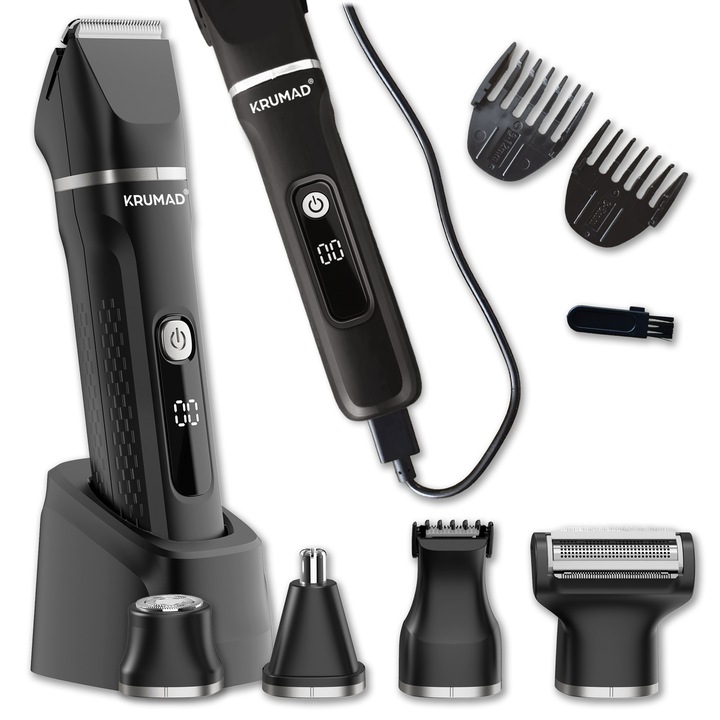 KRUMAD Trimmer 6 in 1 impermeabil IPX7 - aparat de tuns par, barba si corp cu afisaj LED - set complet cu capete interschimbabile, motor puternic si incarcare rapida 1,5h / autonomie 120 min
