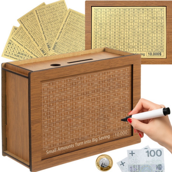 Pusculita din lemn VarioShop, design retro, 5 cartonase interschimbabile, nuante de maro, bej, 20x14.5cm