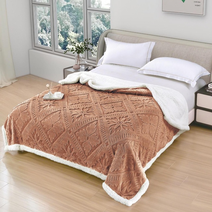Patura Cocolino Premium cu Blanita, Culoare Portocaliu, Model in Relief, pentru Pat Dublu, 200x230cm