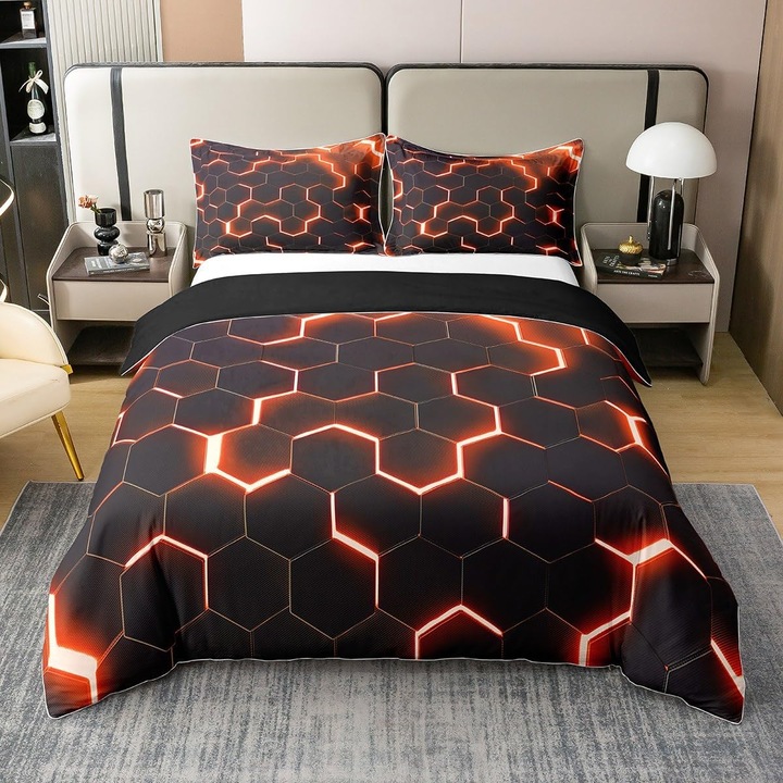 Husa de pilota geometrica, husa de pilota cu model fagure pentru adolescenti, set de lenjerie de pat hexagonal geometric, set de lenjerie de pat modern pentru dormitor, 220x240 cm, 100% bumbac