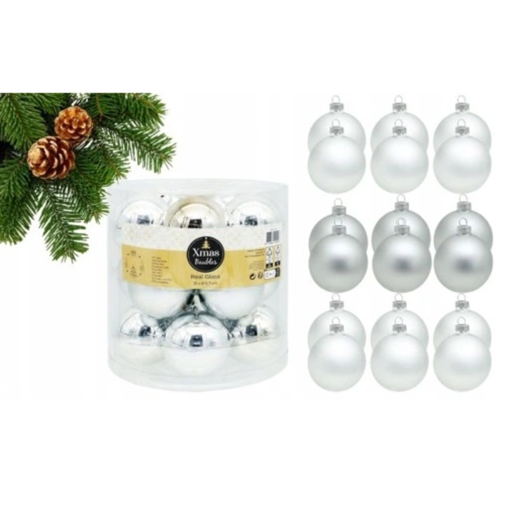 Set de globuri de Craciun, 15 bucati, argintii, sticla, 5.7cm
