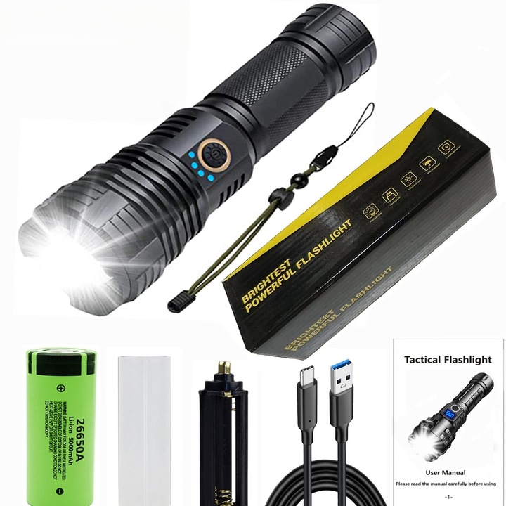 Фенер Lanterna Bluvista®, LED P70, батерия 5000 mAh, 10000lm, регулируем фокус, 5 режима на мощност, интензивно дълготрайно осветление, идеален за къмпинг, туризъм, оцеляване, проучване и спешни случаи, водоустойчив, черен