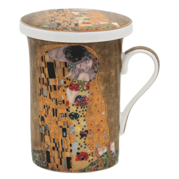 Чаша с инфузер и капак, порцелан, 300 мл, мотив «Целувката» Густав Климт, бяло-златисто – подарък за любители на изкуството и колекционери