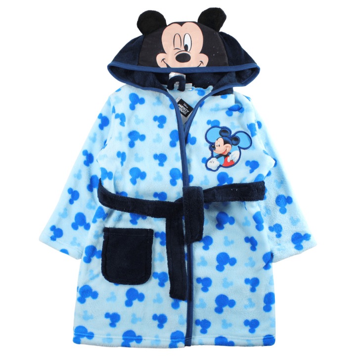 Halat baie cu gluga si urechi fleece coral Mickey Mouse Wink 110-116 cm Albastru