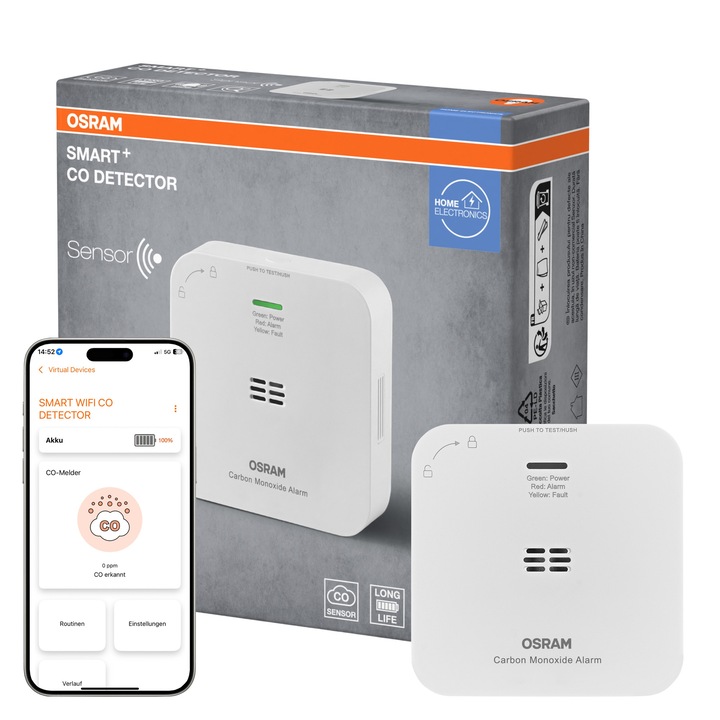 Detector monoxid de carbon inteligent OSRAM SMART+ Wi Fi, functia de alarma tripla , doua baterii AA incluse, compatibil cu SMART+ App/Google Home, WiFi, Alb