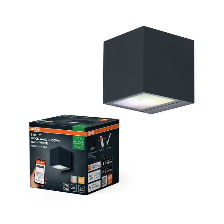 Aplica de exterior inteligenta LED RGB+W OSRAM SMART+ Wi Fi Brick Wall UpDown, 14W, 550 lm, lumina calda (3000K) si colorata, IP44, IK03, culoare Gri Inchis, clasa energetica F