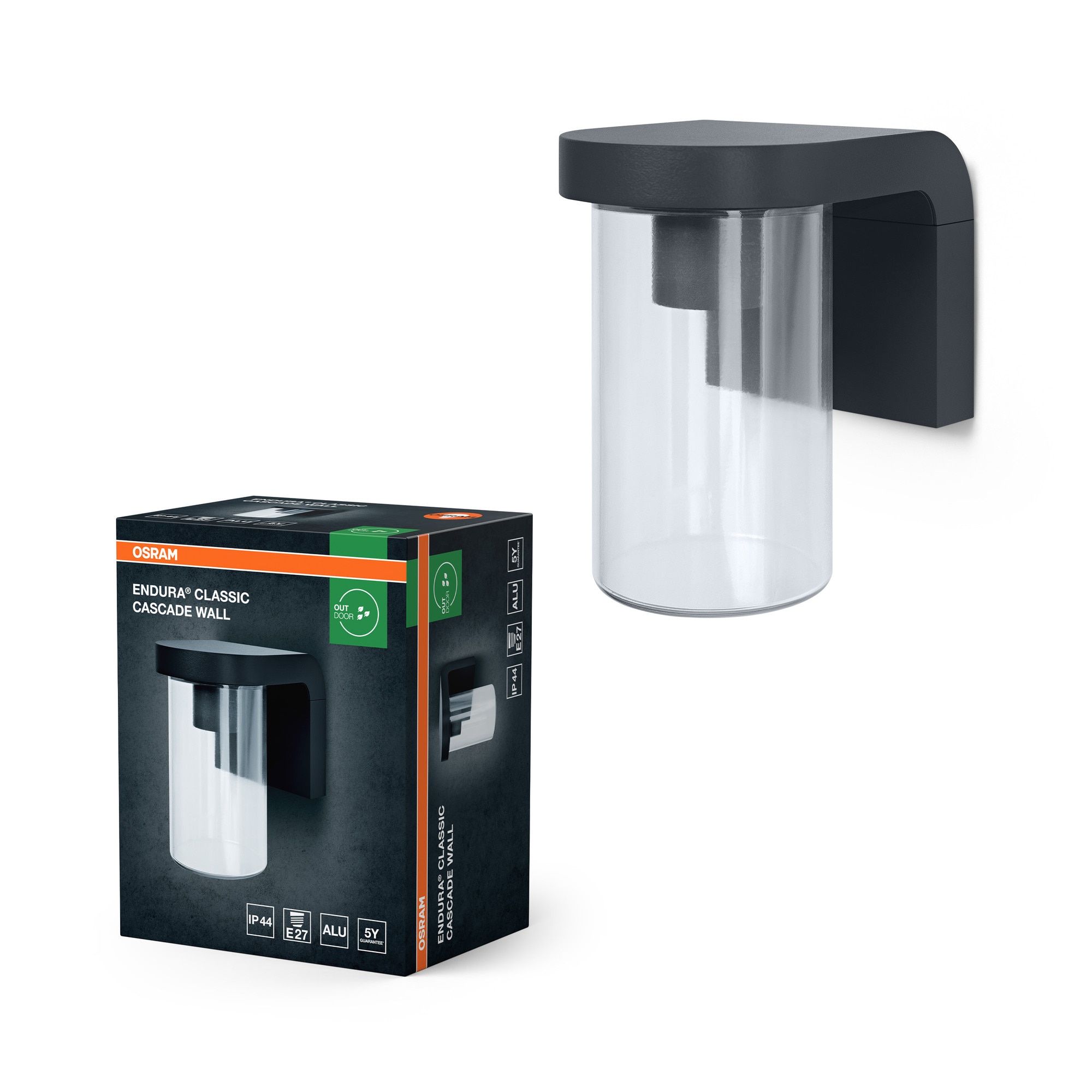 Aplica de exterior OSRAM Endura Classic Cascade Wall, dispersor clar, E27, max. 25W, IP44, IK03, Aluminiu, Gri inchis