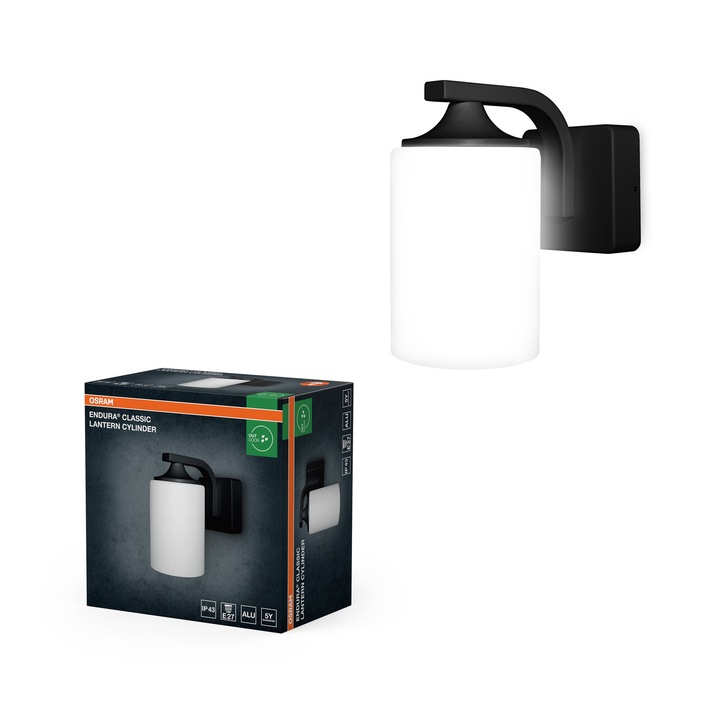 Aplica de exterior OSRAM Endura Classic Lantern Cylinder, E27, max. 25W, IP43, montaj aplicat, Aluminiu, Negru