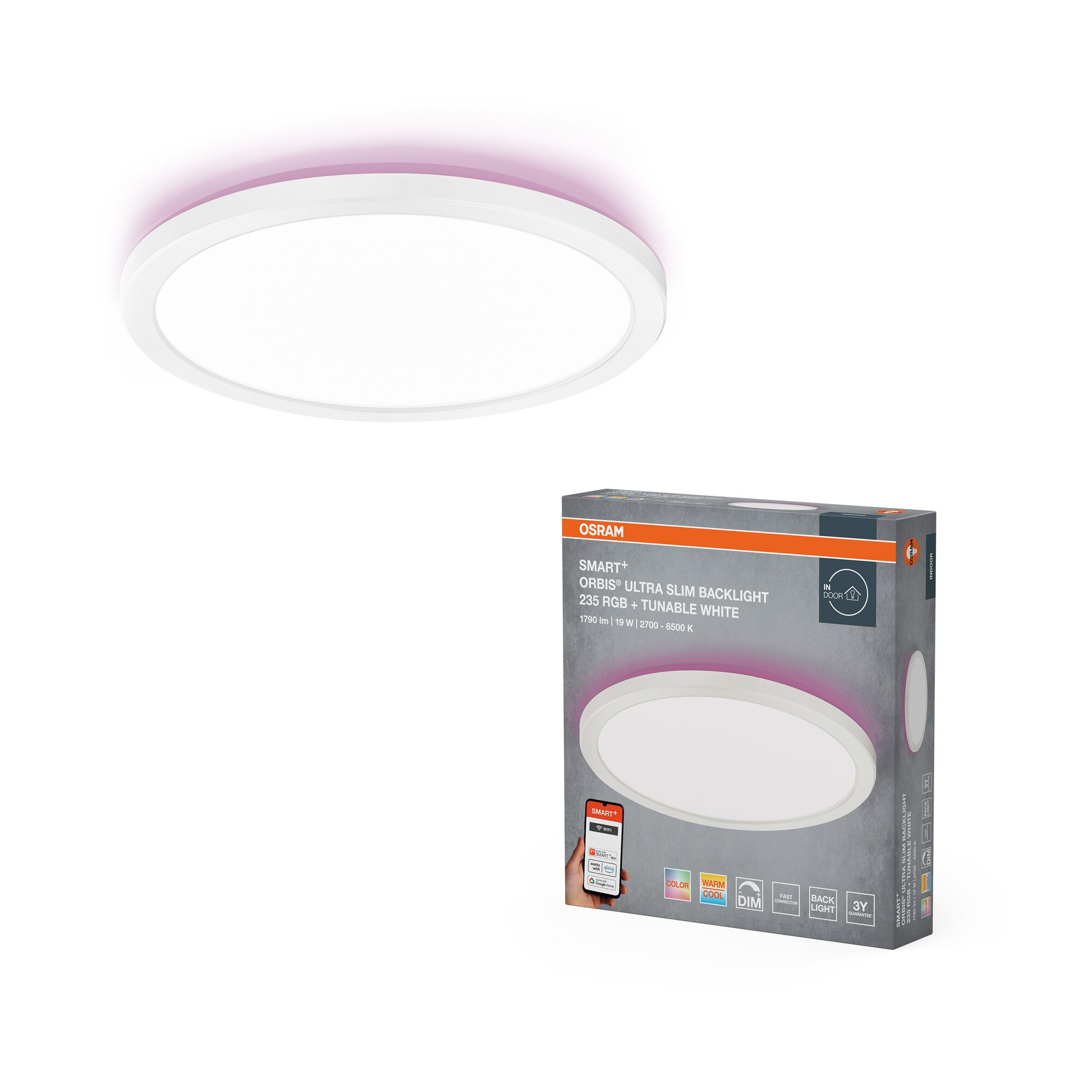 Plafoniera inteligenta LED RGBTW OSRAM SMART+ Wi Fi Orbis Ultra Slim, dimabila, 19W, 1140 lm, temperatura lumina reglabila (2700-6500K), IP20, compatibil SMART+ App/Amazon Alexa/Go
