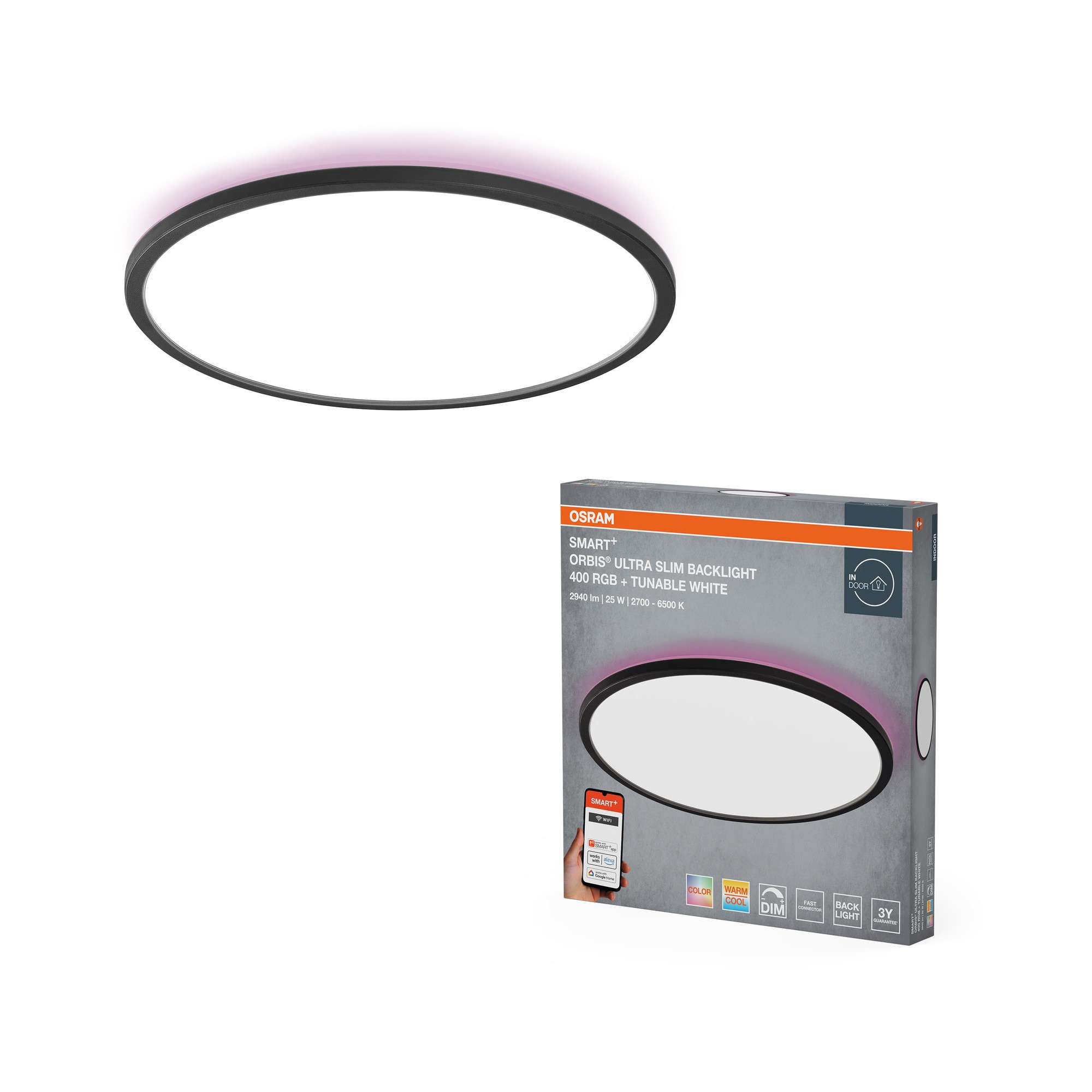 Plafoniera inteligenta LED RGBTW OSRAM SMART+ Wi Fi Orbis Ultra Slim, Wi-Fi, dimabila, 25W, 2000 lm, temperatura reglabila, IP20, compatibil SMART+ App/Amazon Alexa/Google Assistan