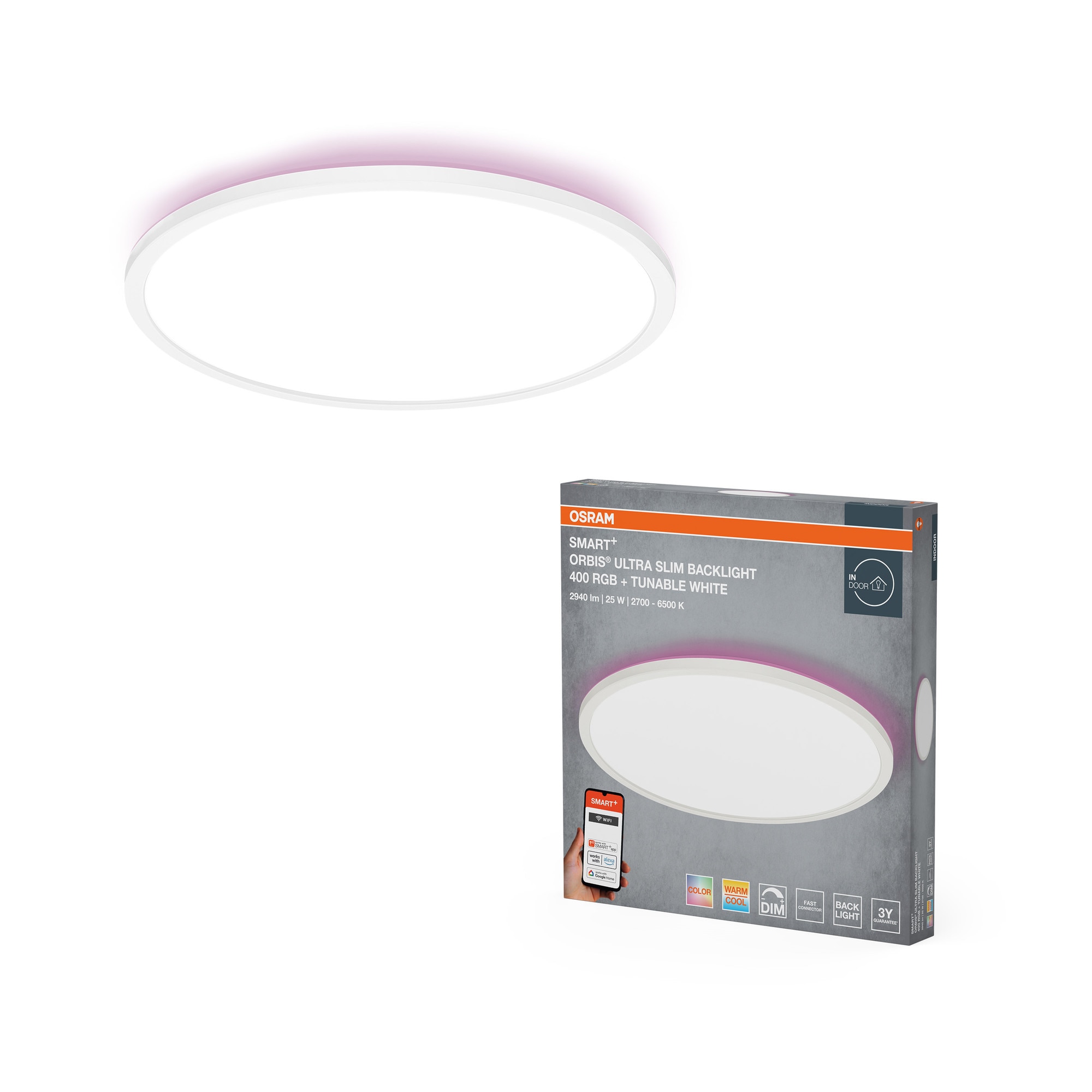 Plafoniera inteligenta LED RGBTW OSRAM SMART+ Wi Fi Orbis Ultra Slim, Wi-Fi, dimabila, 25W, 2000lm, temperatura lumina reglabila, IP20, compatibil SMART+ App/Amazon Alexa/Google As