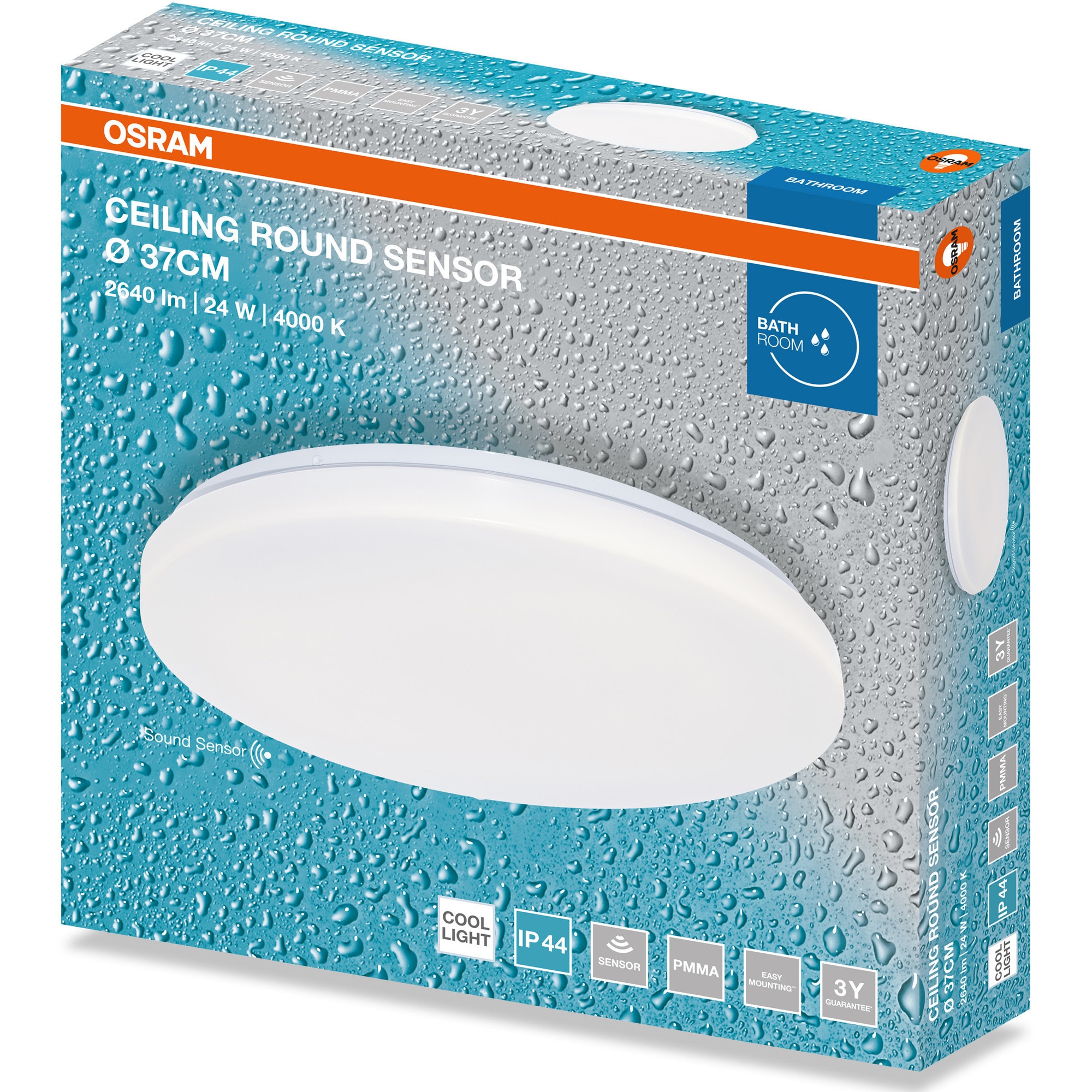 Plafoniera pentru baie LED OSRAM 24W, 1920 lm, lumina neutra (4000K), IP44, IK03, 374x67 mm, montaj aplicat, Alb, clasa energetica F